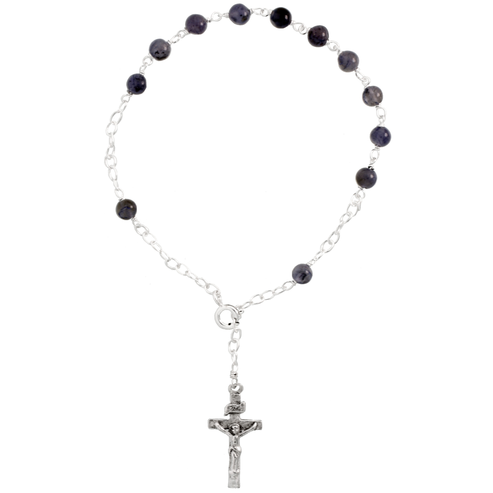 Sterling Silver Natural Iolite Rosary Bracelet 5 mm Beads, 7 1/4 inch long