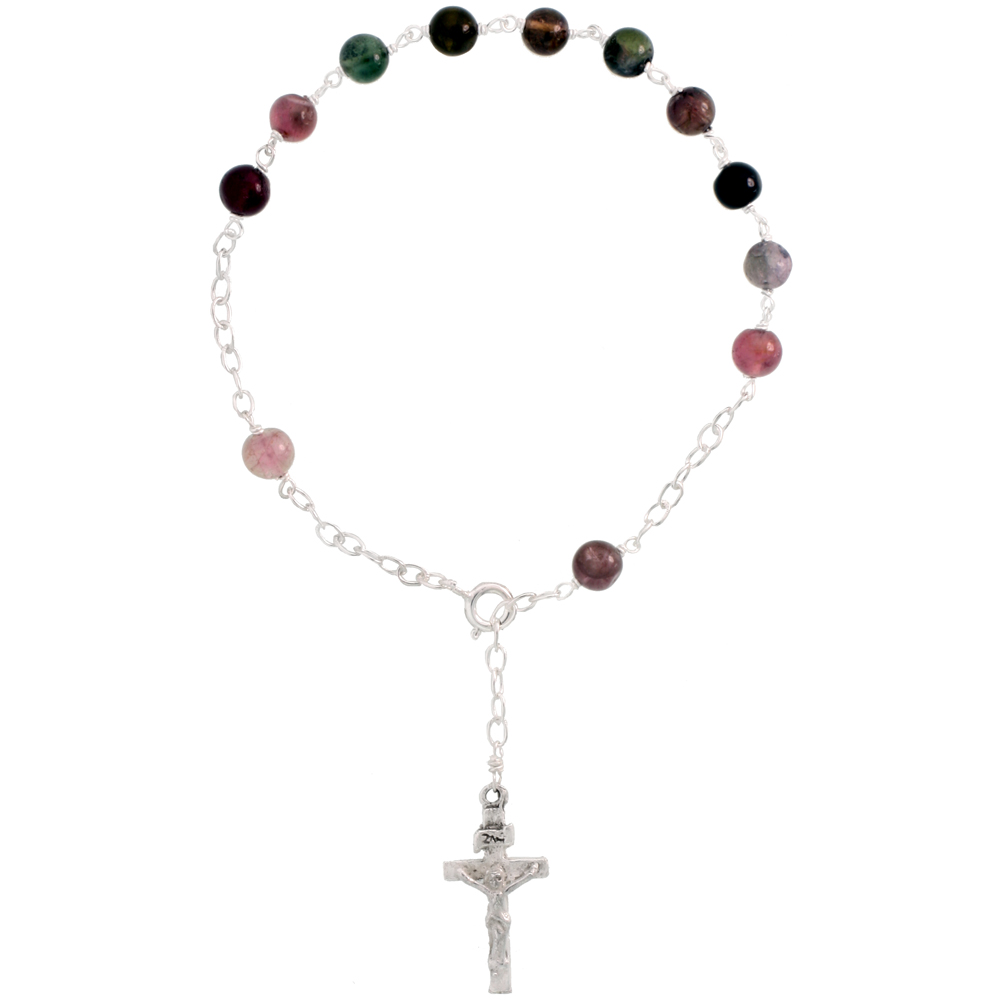 STERLING SILVER NATURAL TOURMALINE ROSARY BRACELET 5 MM BEADS, 7 1/4 INCH LONG