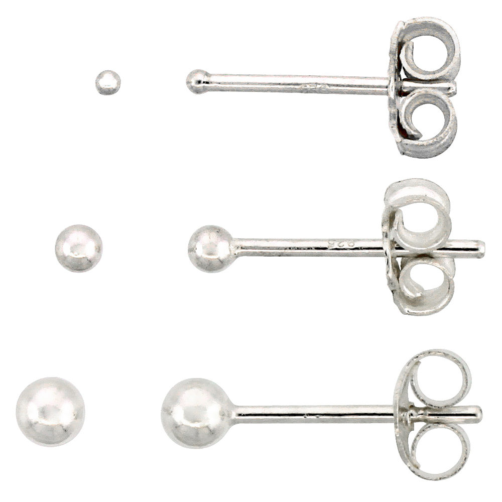 3-PAIR SET STERLING SILVER 1MM 2MM & 3MM BALL STUD EARRINGS FOR WOMEN & TEENS