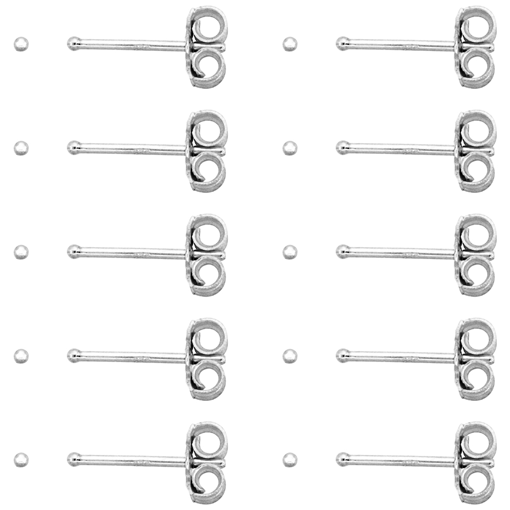 10-Pair Pack Sterling Silver Very Tiny 1mm Ball Stud Earrings / Nose Studs for Women and Girls 1/32 inch