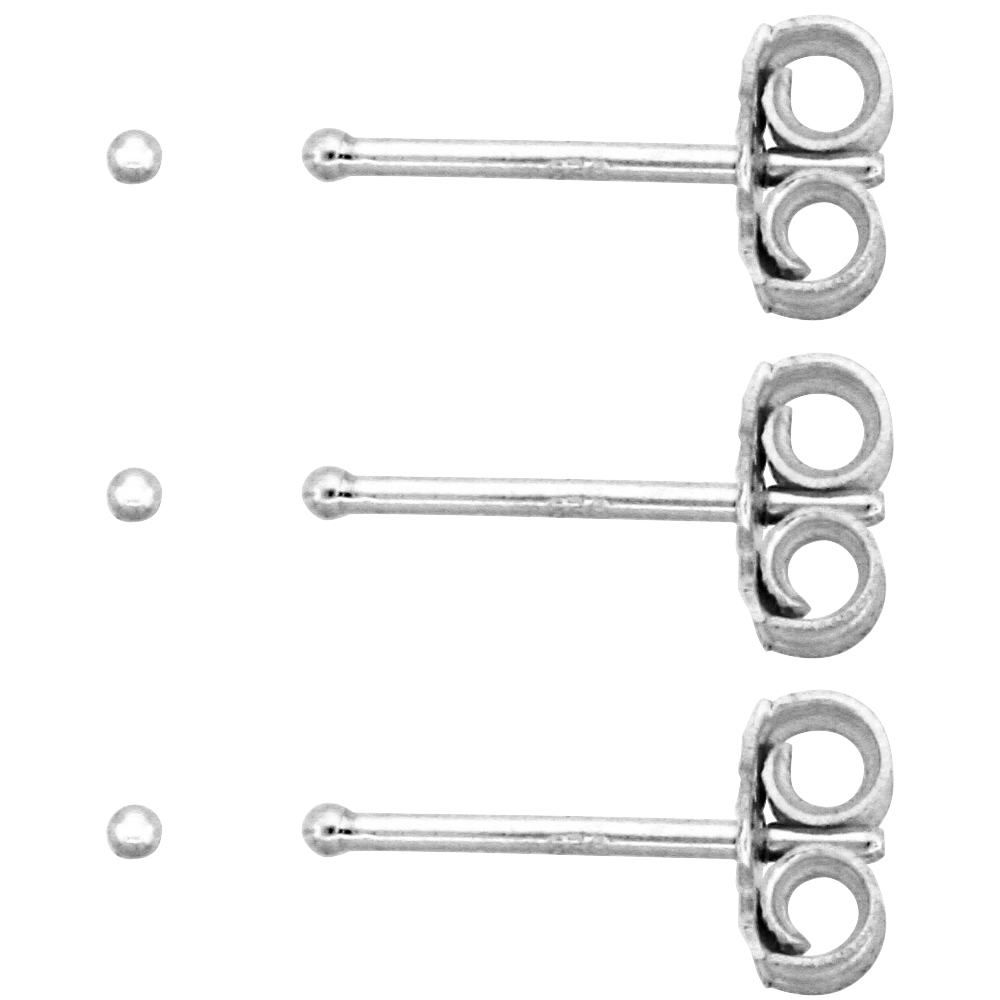 3-PAIR PACK STERLING SILVER VERY TINY 1MM BALL STUD EARRINGS / NOSE STUDS FOR WOMEN & TEENS 1/32 INCH