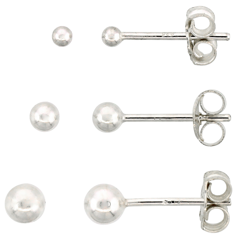 3-PAIR SET STERLING SILVER 2MM 3MM & 4MM BALL STUD EARRINGS FOR WOMEN & TEENS