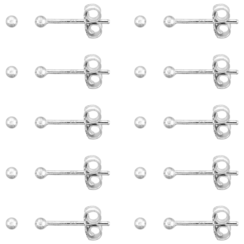 10-Pair Pack Sterling Silver Teeny 2mm Ball Stud Earrings / Nose Studs for Women and Girls 1/16 inch