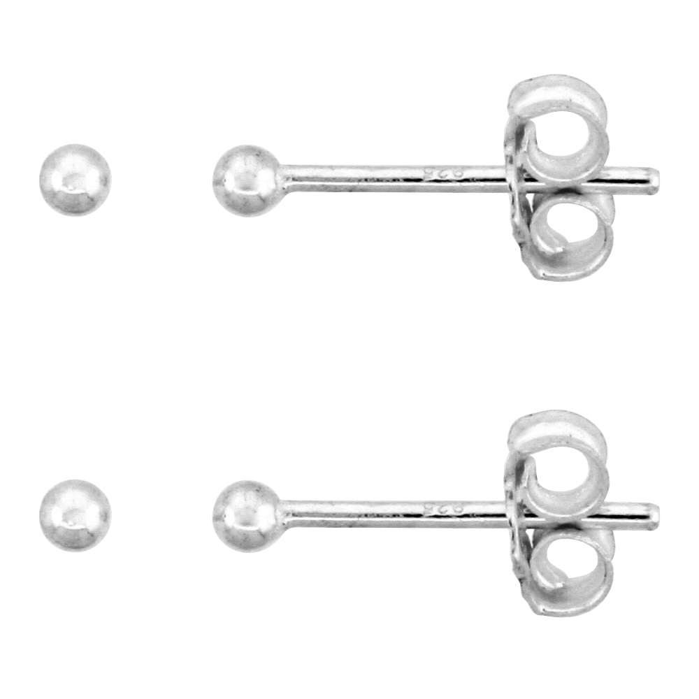 2-Pair Pack Sterling Silver Teeny 2mm Ball Stud Earrings / Nose Studs for Women and Girls 1/16 inch