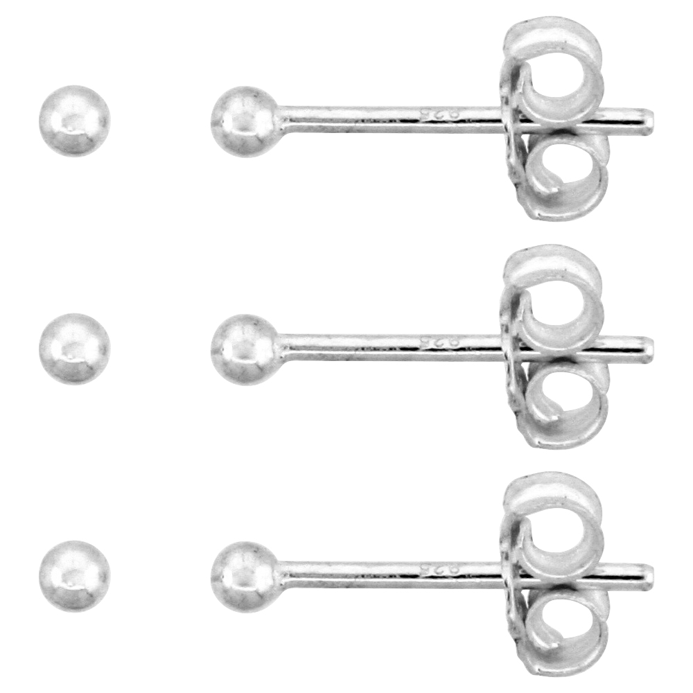 3-PAIR PACK STERLING SILVER TEENY 2MM BALL STUD EARRINGS / NOSE STUDS FOR WOMEN & TEENS 1/16 INCH