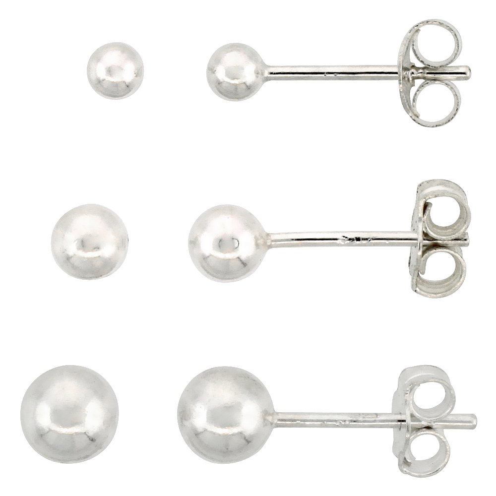 3-PAIR SET STERLING SILVER 3MM 4MM & 5MM BALL STUD EARRINGS FOR WOMEN & TEENS
