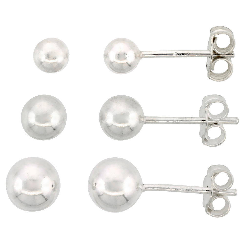 3-PAIR SET STERLING SILVER 4MM 5MM & 6MM BALL STUD EARRINGS FOR WOMEN & TEENS