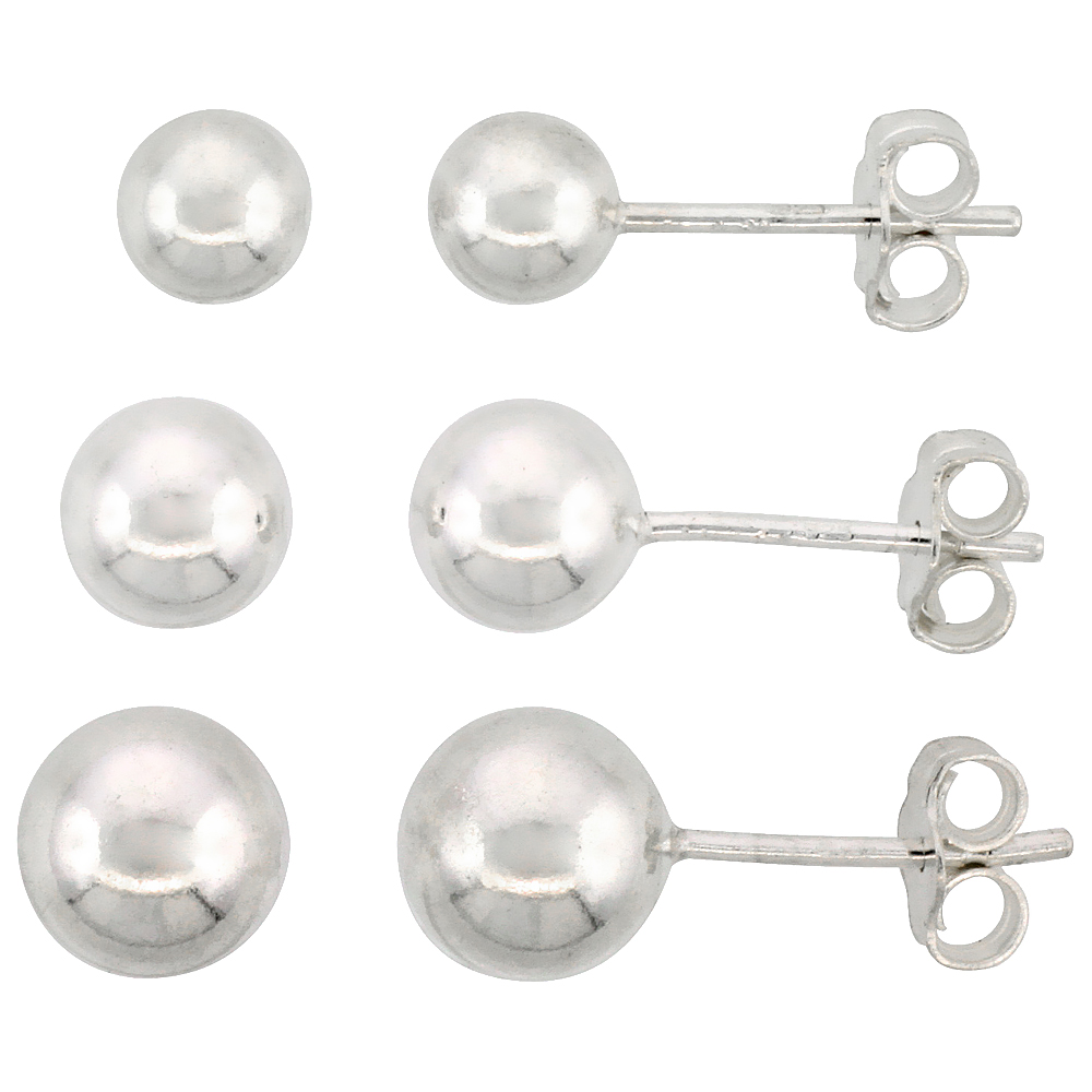 3-PAIR SET STERLING SILVER 5MM 6MM & 7MM BALL STUD EARRINGS FOR WOMEN & TEENS