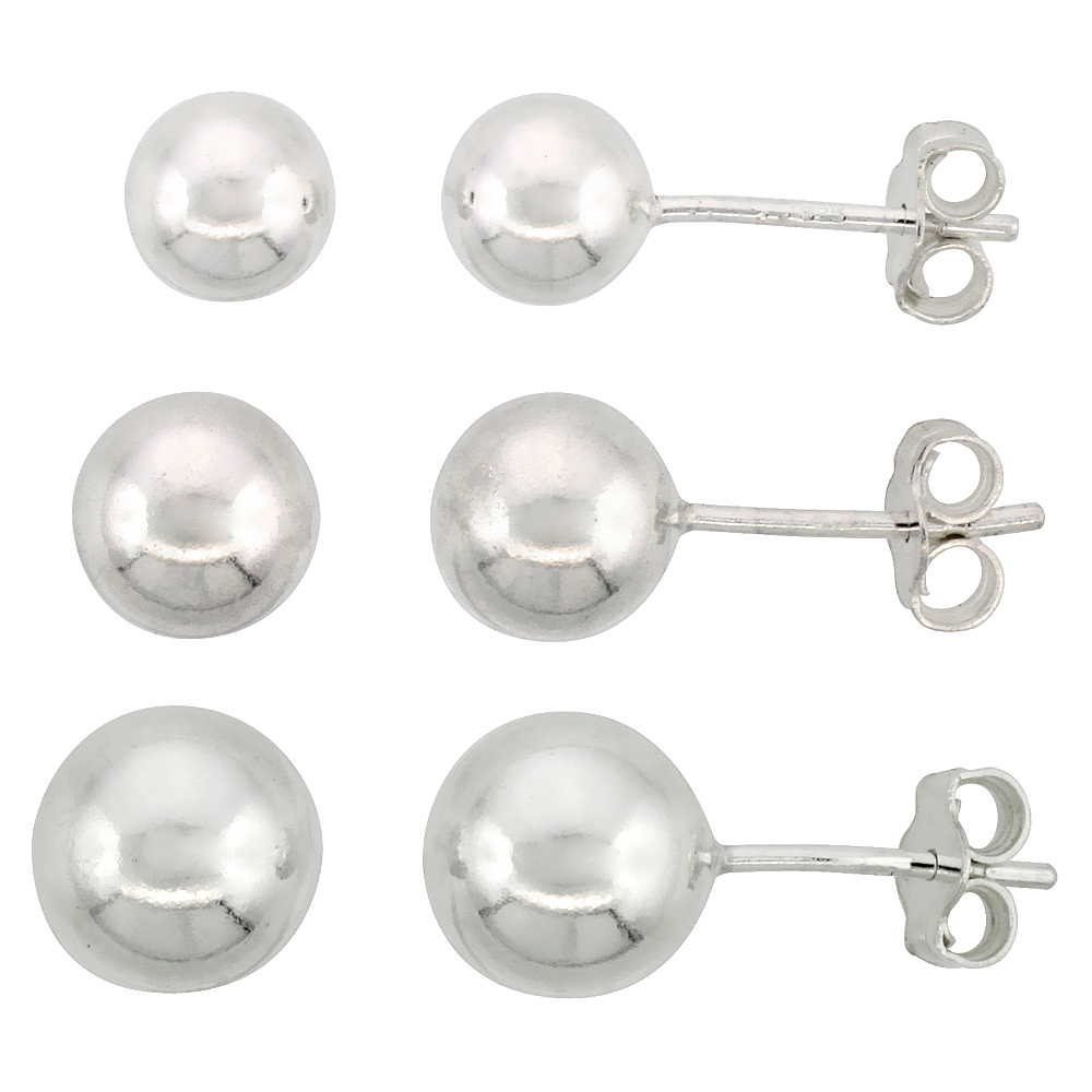3-PAIR SET STERLING SILVER 6MM 7MM & 8MM BALL STUD EARRINGS FOR WOMEN & TEENS