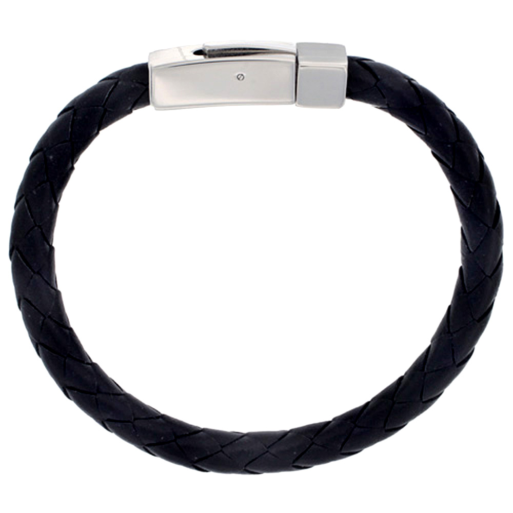 Black Leather Braid Bracelet for Men Stainless Steel Clasp 7 mm, 8 1/2 inch long