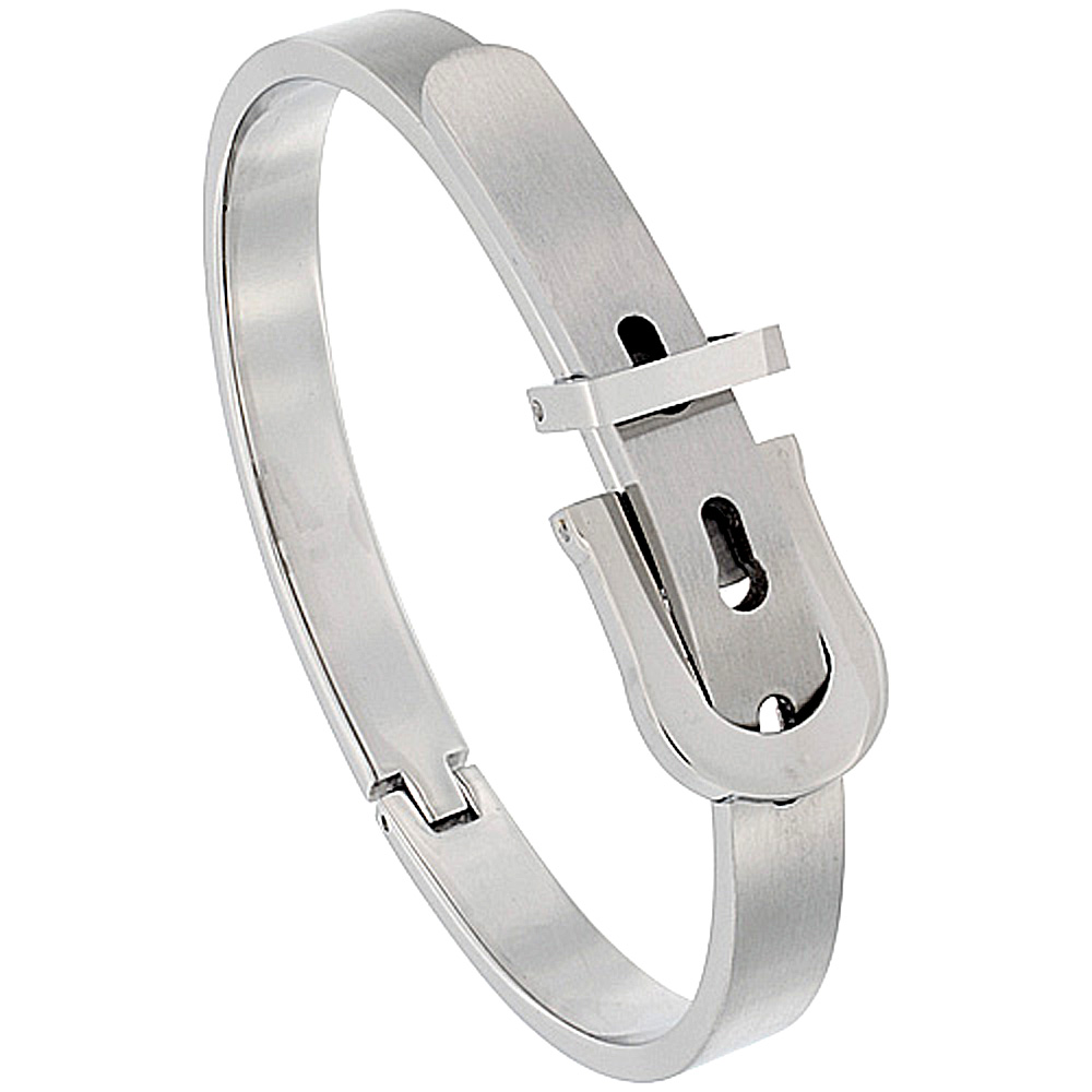 Stainless Steel Belt Buckle Bangle Bracelet for Women Oval Adjustable 7mm wide Satin Finish , fits 7 - 7.5 inch wrists
