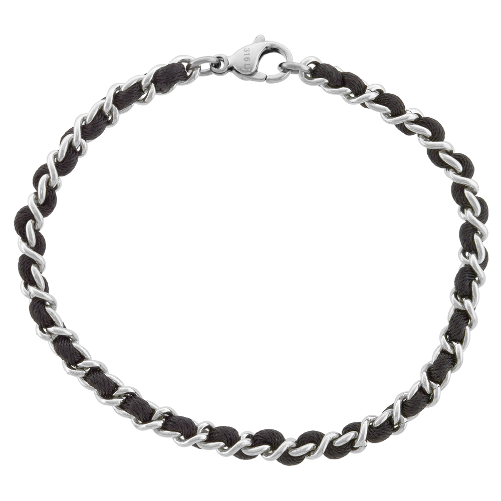 Stainless Steel Link Bracelet for Women Interwoven Black Satin Cord , 3/16 inch wide, 7 1/4 inch long