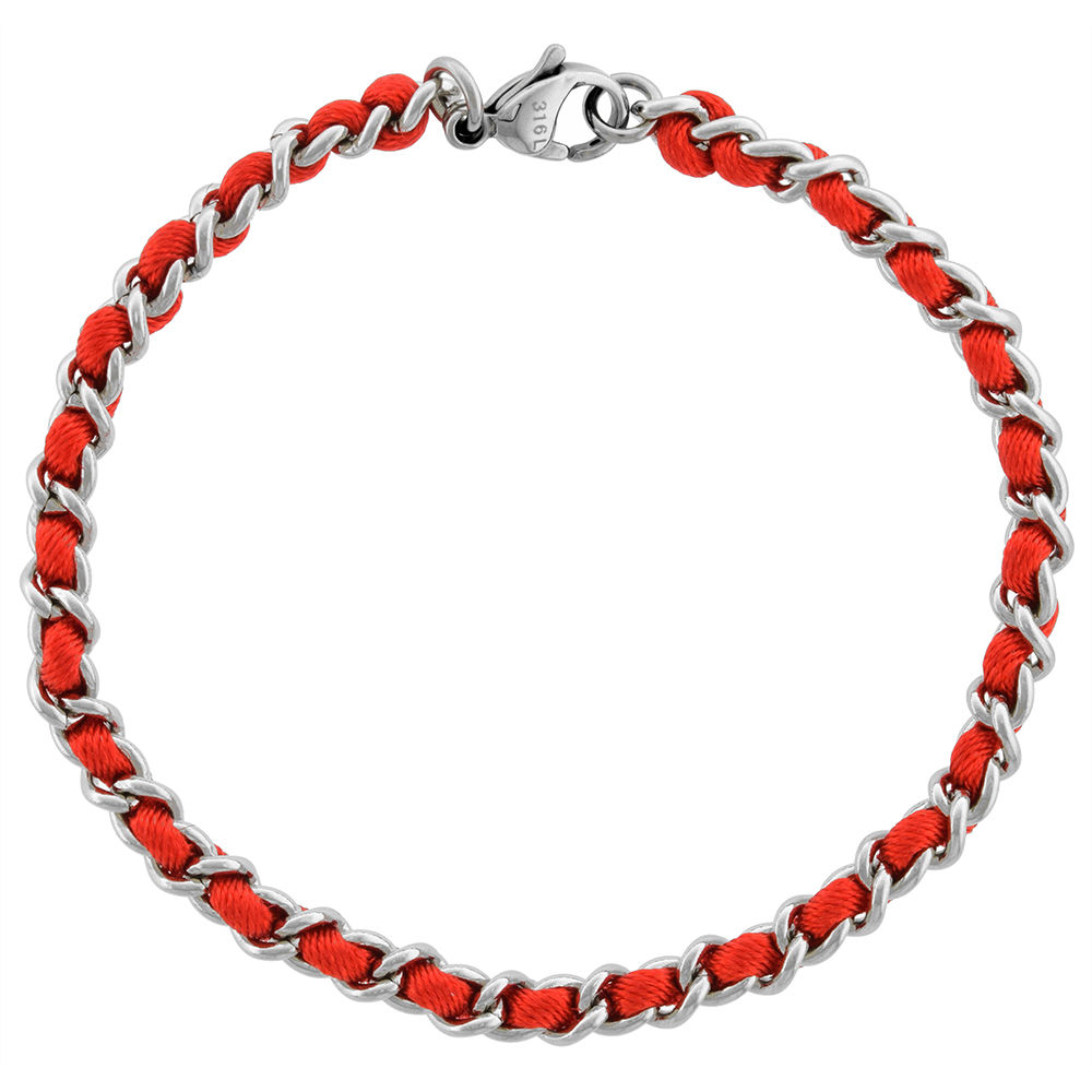 Stainless Steel Red Satin Cord Link Bracelet for Women intertwined, 3/16 inch wide, 7 1/4 inch long