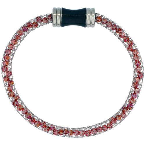 Stainless Steel Ruby-red Crystal Mesh Bracelet For Women Magnetic-clasp 7.5 inch long