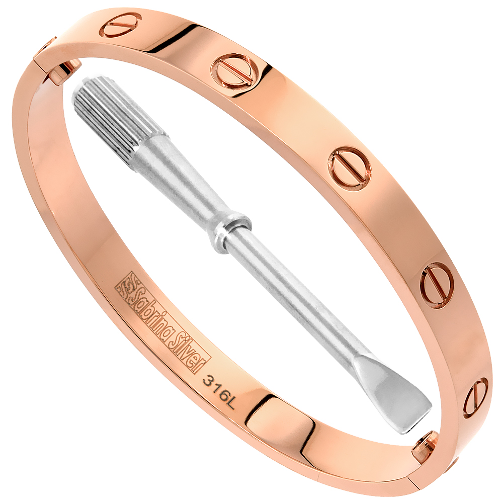 Stainless Steel Screw Head Bangle Bracelet for Women Oval Rose Gold 7mm wide, fits 7.75 inch wrists