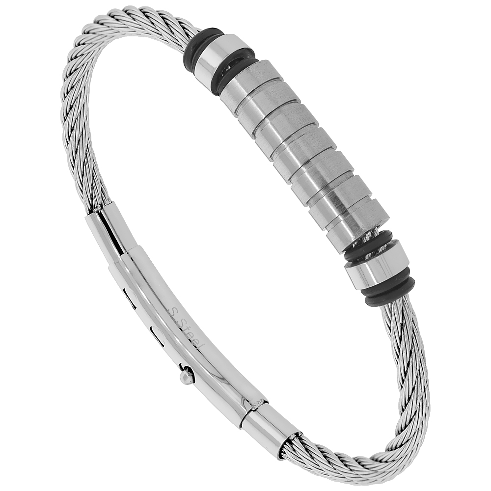 Stainless Steel Adjustable Wire Bangle Bracelet Ridged Satin Center, fits 8 - 8.5 inch wrists