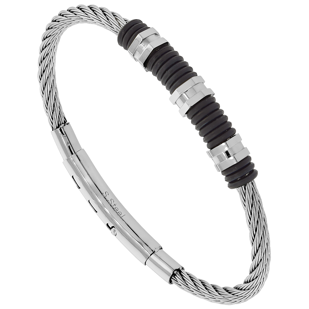 Stainless Steel Adjustable Wire Bangle Bracelet Black Rubber Rings Center, fits 8 - 8.5 inch wrists