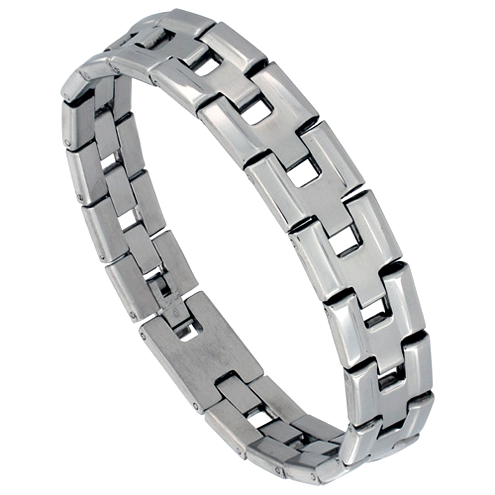 STAINLESS STEEL BAR LINK BRACELET FOR MEN HIGH POLISH SIDES 1/2 INCH WIDE, 8 INCHES LONG