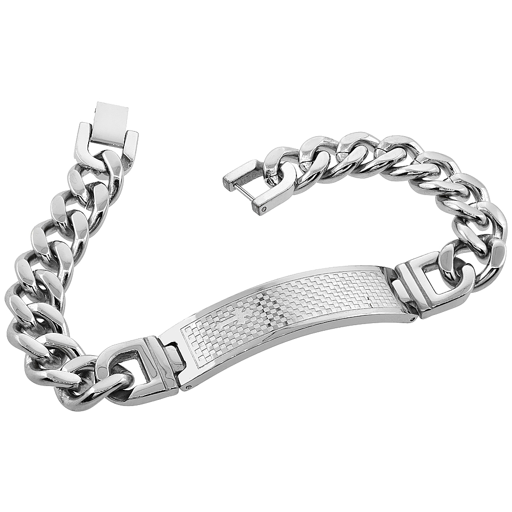 Stainless Steel Curb Link Cross ID Bracelet Checkered Pattern Design 1/2 inch wide 8.5 & 9 inches long