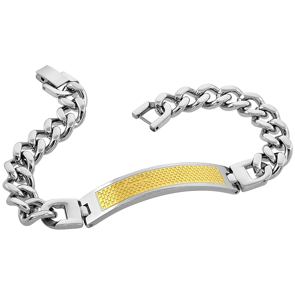 Stainless Steel ID Bracelet Yellow Checkered Design Design with Cross Curb Link 1/2 inch wide, 8.5 & 9 inches long