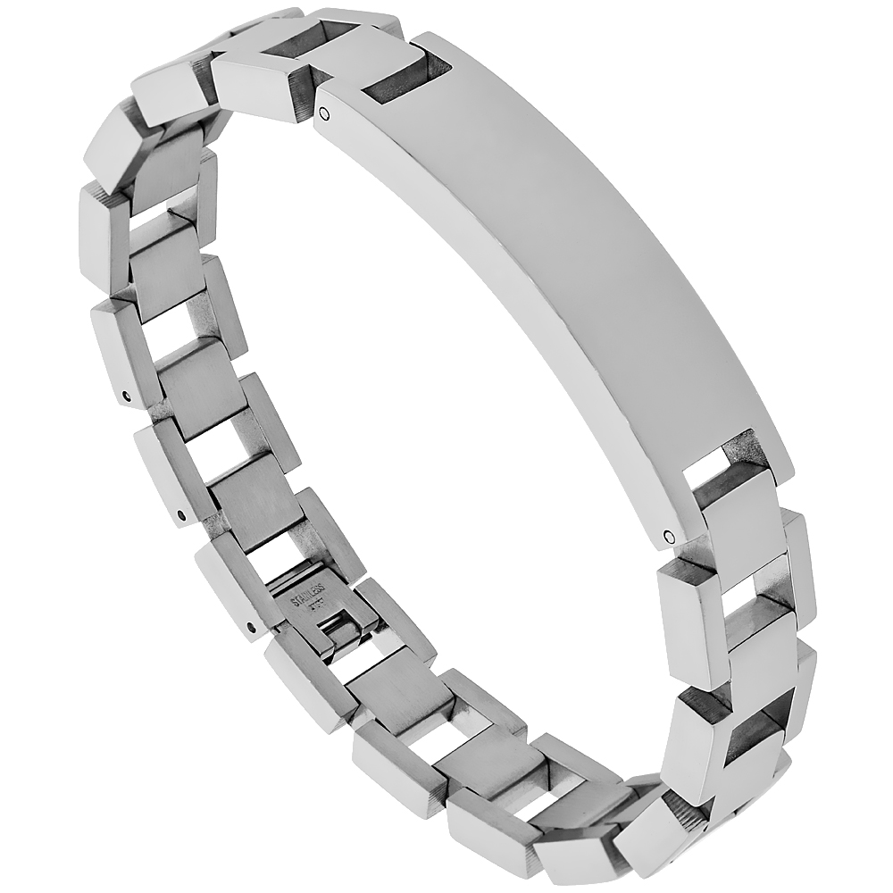 Stainless Steel Identification Rectangular Bar Bracelet 1/2 inch wide, 9 inches long