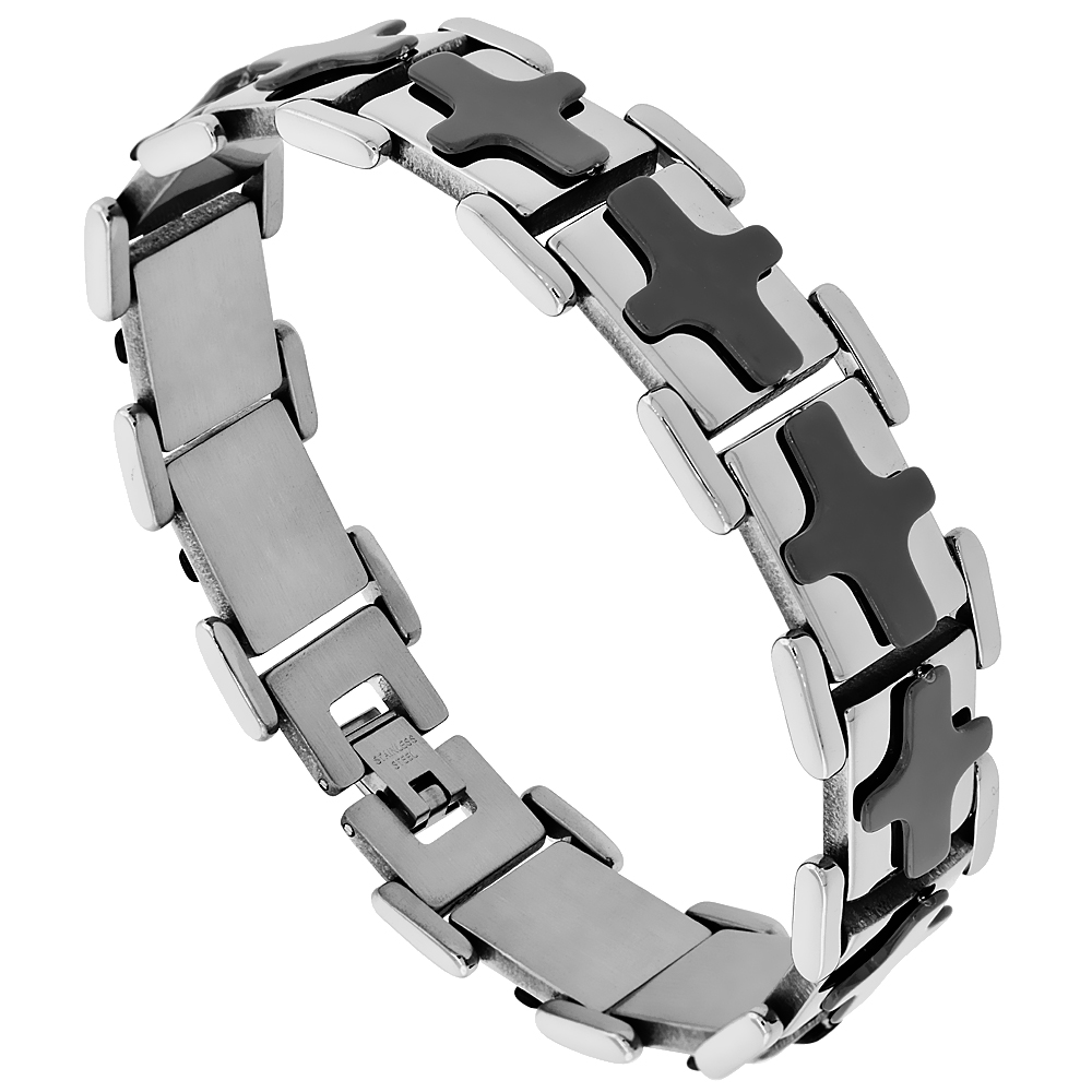 Stainless Steel Bar Bracelet Black Cross Accent 11/16 inch wide, 8.25 inches long
