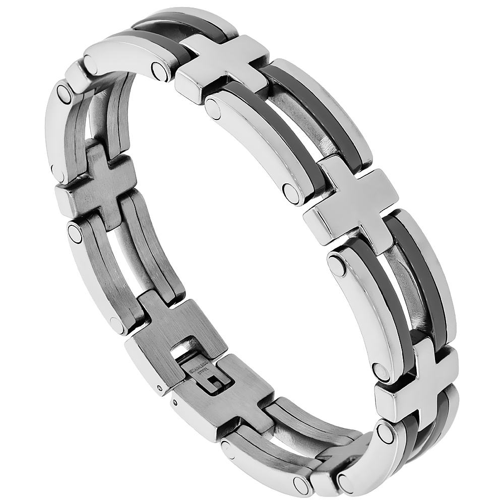 Stainless Steel Bracelet Black Bar Accent 9/16 inch wide, 8.5 inches long