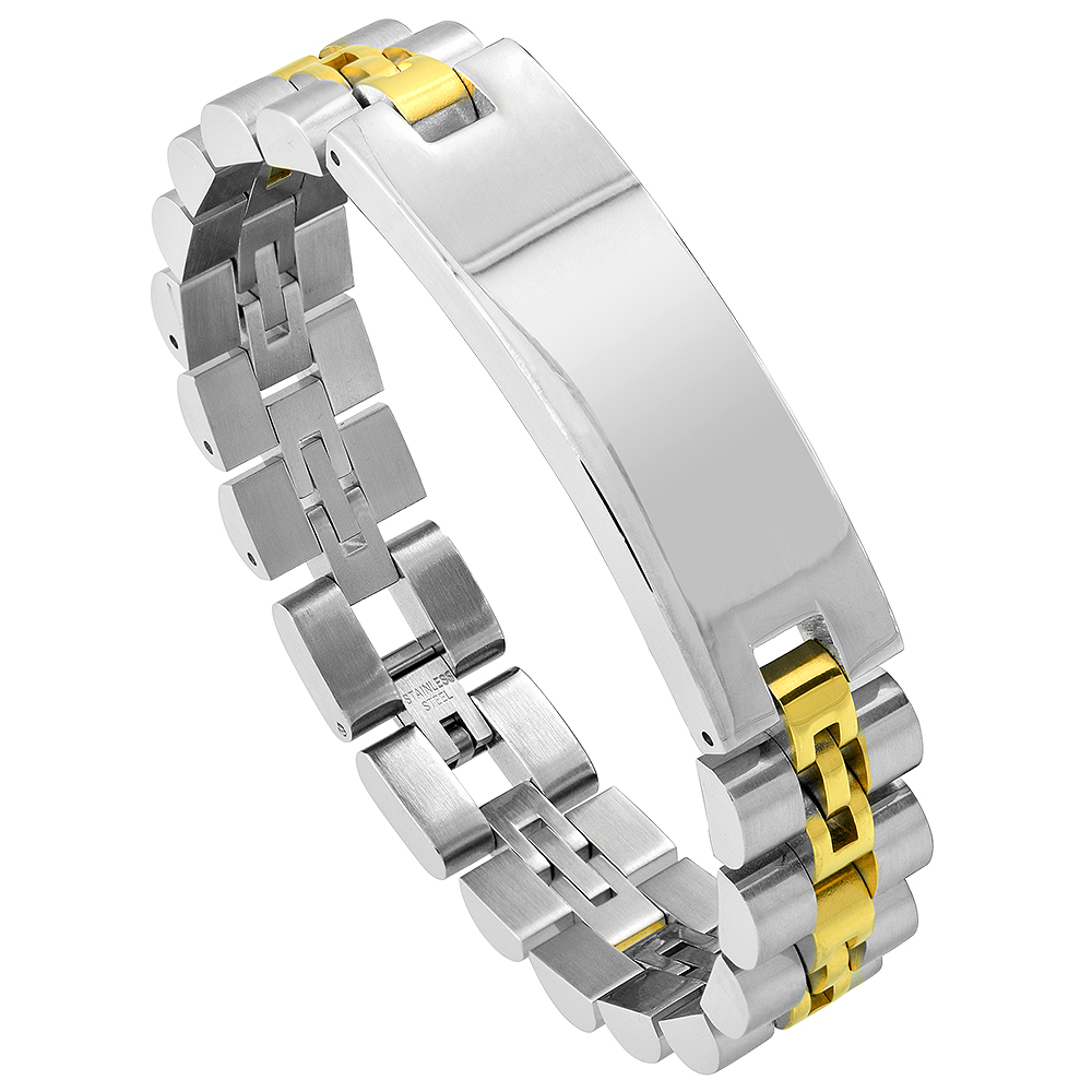 Stainless Steel Watch Band Identification Bracelet for Men Gold Plated Two-tone, 8.25 inch long