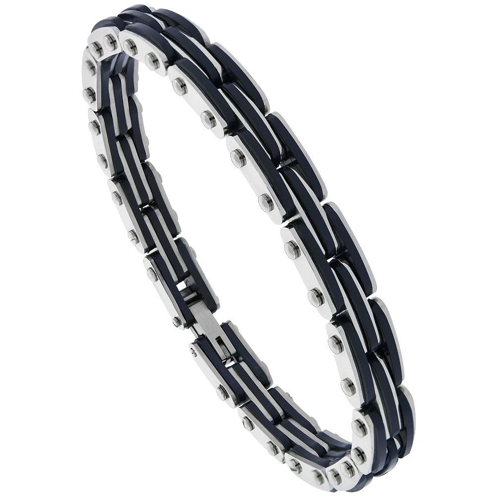 Stainless Steel Bracelet For Men Black Rubber Accent 3/8 inch wide, 8.5 inch long