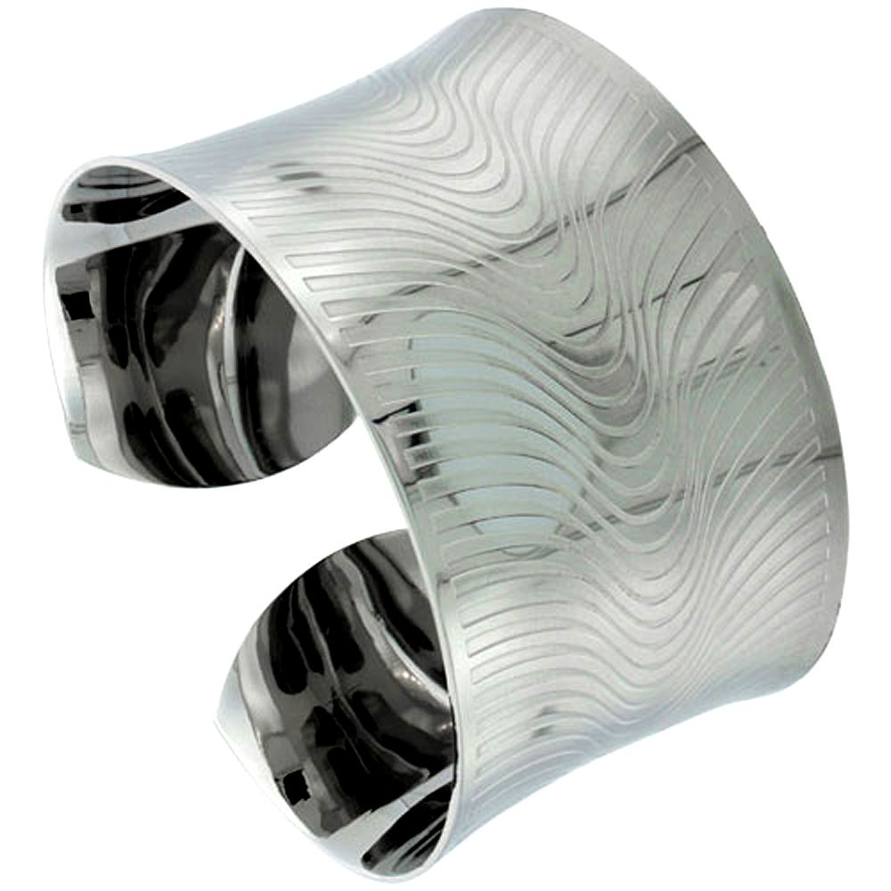 Stainless Wide Steel Cuff Bracelet for Women Concaved Etched Curvy Stripes 1 1/2 inch wide, size 7.5 inch