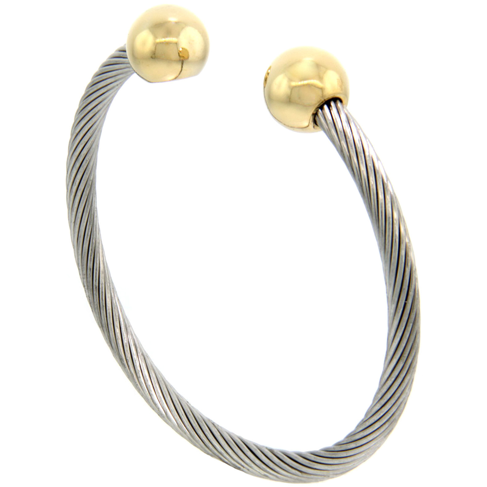STAINLESS STEEL CABLE GOLF BRACELET FOR WOMEN GOLD-TONE BIO MAGNETIC BALL ENDS , 7 INCH