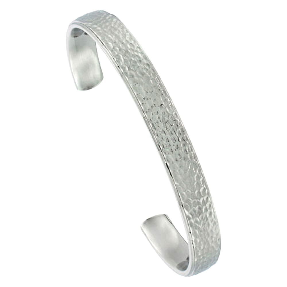 Stainless Steel Cuff Bracelet Flat Hammered Polish finish Comfort-fit long 5/16 inch wide, 7 inch
