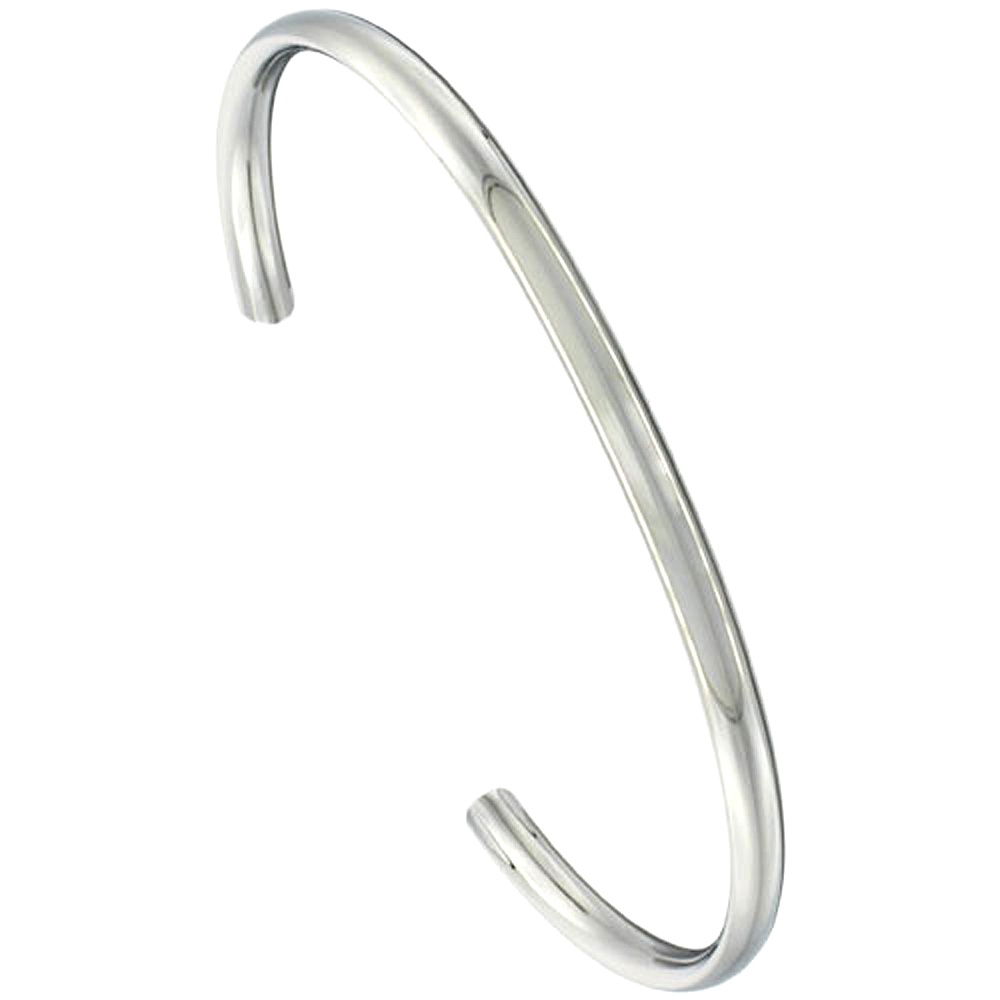 Stainless Steel Cuff Bracelet Domed Highly Polished Comfort-fit 3/16 inch wide, 7 inch