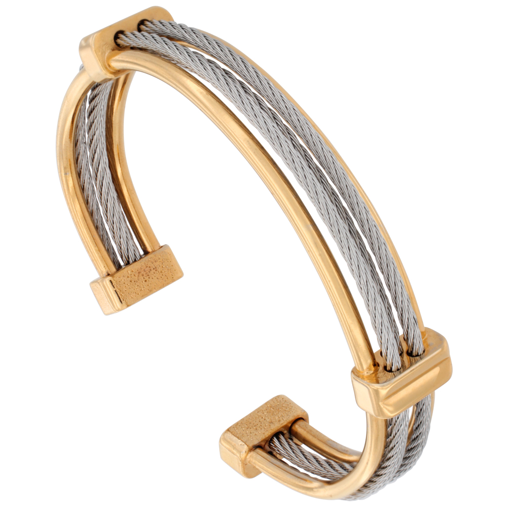 Stainless Steel Cable Bracelet for Women Gold & Silver 2-Tone 3/8 inch wide