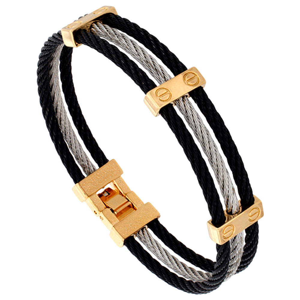 Stainless Steel Cable Bracelet for Women 3-tone Black &amp; Gold &amp; Silver 1/2 inch wide
