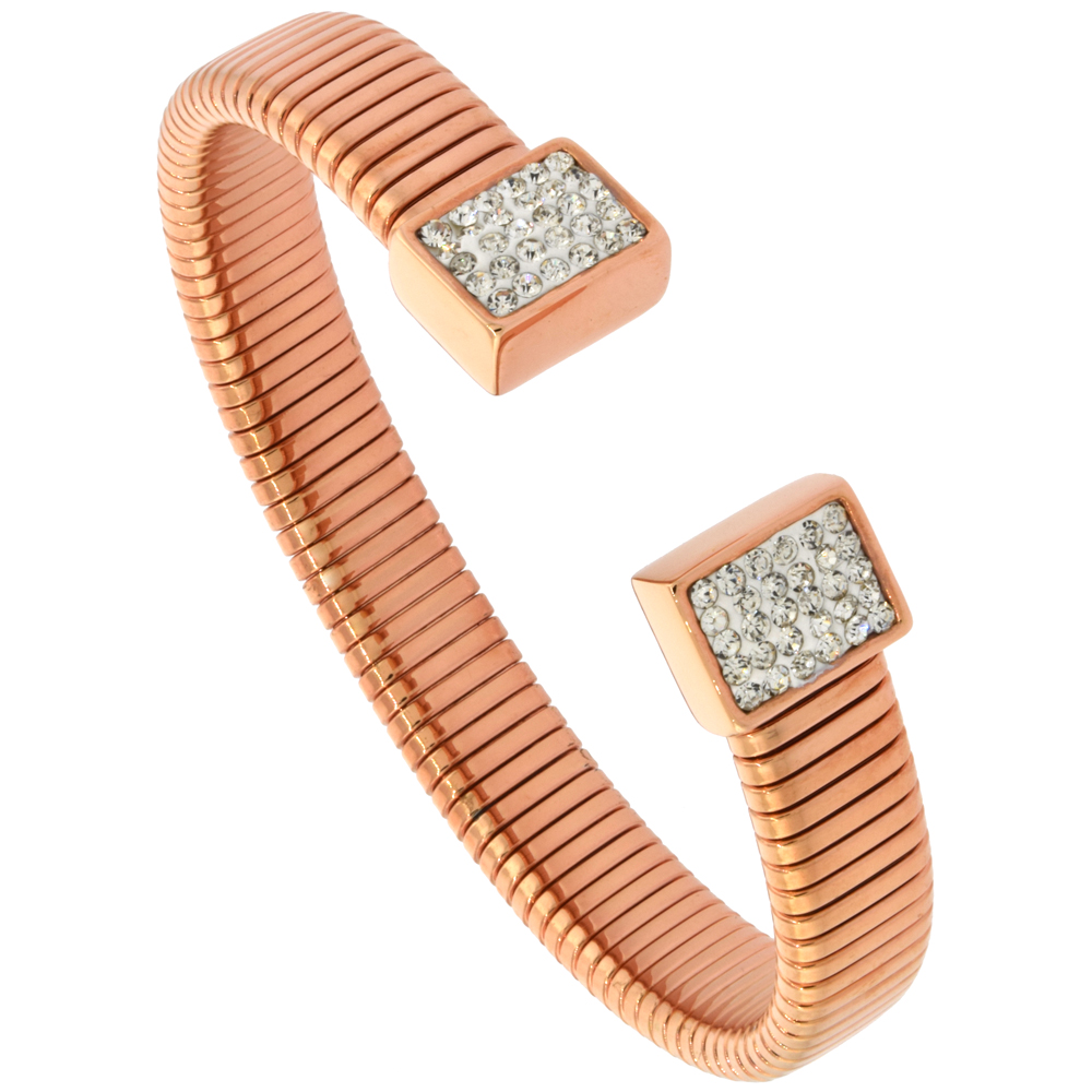 Stainless Steel Rose Gold Tone Ribbed Cuff Bangle Bracelet CZ Rectangular Ends 10mm wide, fits 7 inch wrists