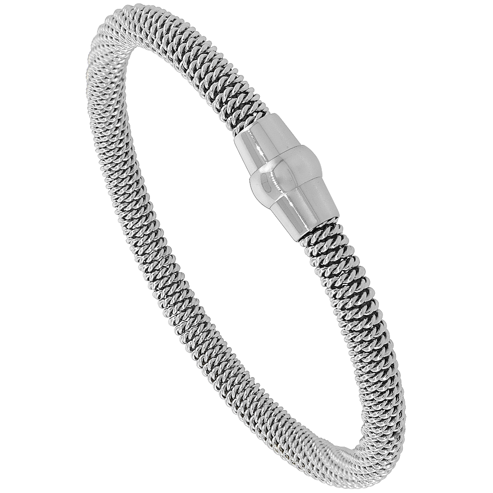 Stainless Steel Mesh Magnetic Flexible Bracelet Polished Finish, 3/16 inch wide