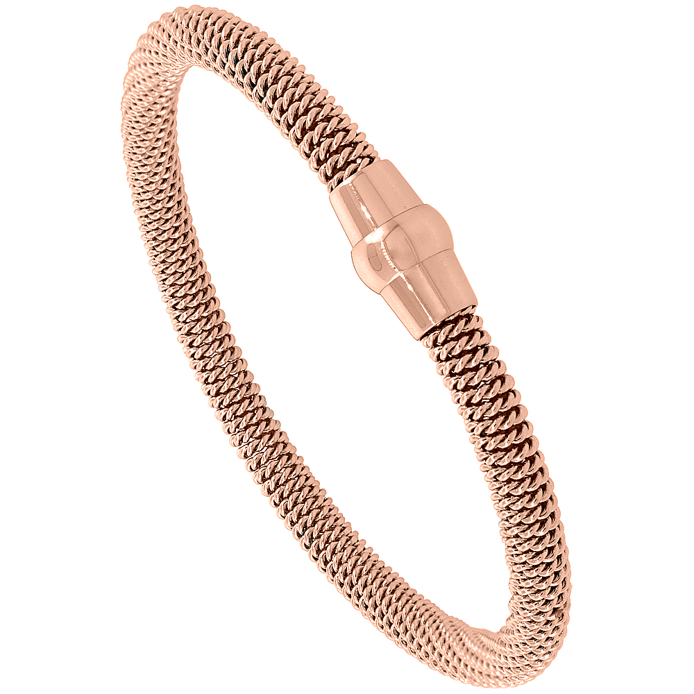 Stainless Steel Mesh Magnetic Flexible Bracelet Rose Gold Plated, 3/16 inch wide