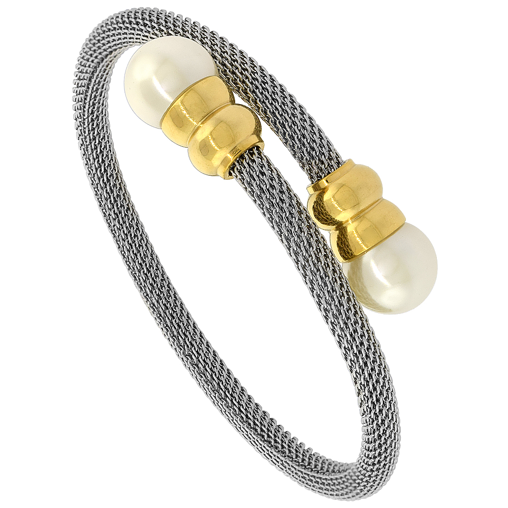 Stainless Steel Overlap Mesh Bracelet Faux Pearl and Yellow Gold Accents, 3/16 inch wide