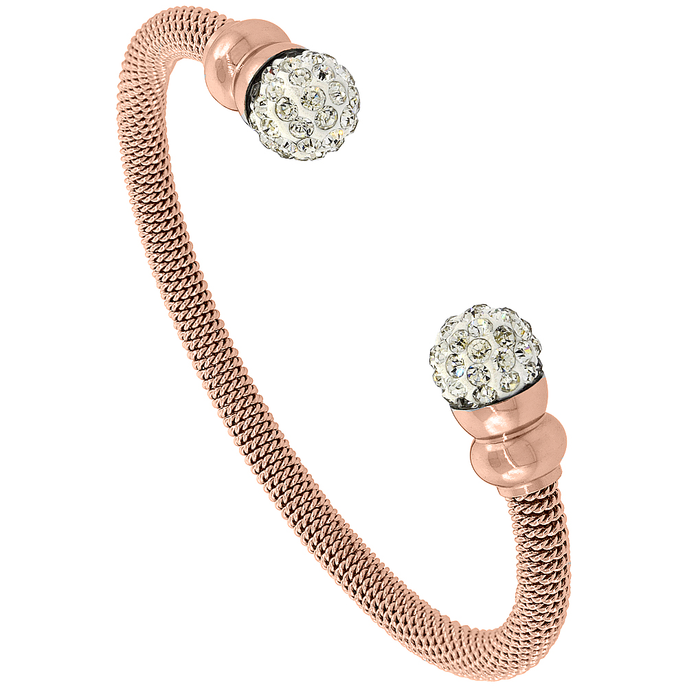 Stainless Steel Mesh Cuff Bracelet Crystal Ball Accents Rose Gold Plated, 3/16 inch wide