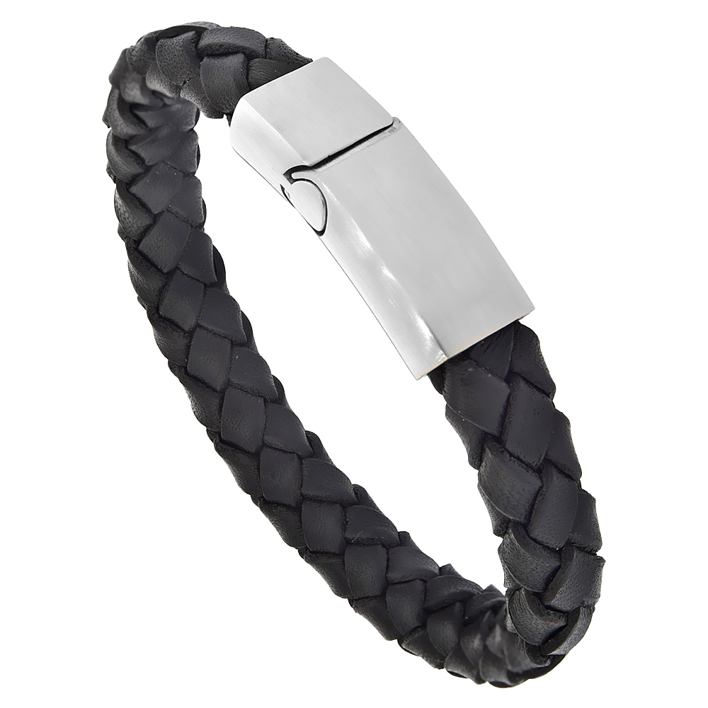 Black Leather Bracelet Braided for Men Stainless Steel Magnetic Clasp 11 mm, 8.5 inches long