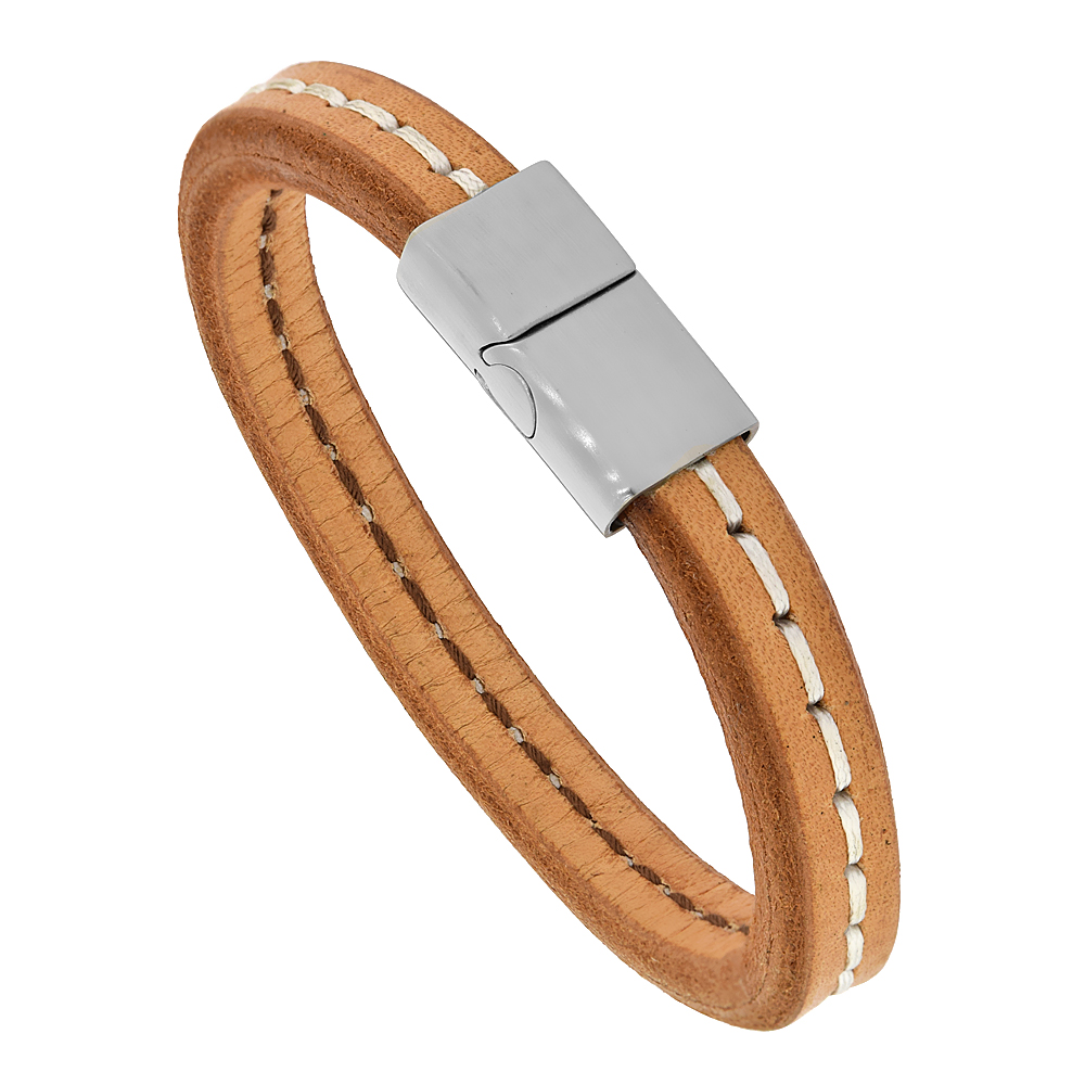 Tan Leather Bracelet White Stitch Center Detail for Men Stainless Steel Magnetic Clasp 10 mm, 8.5 inches long