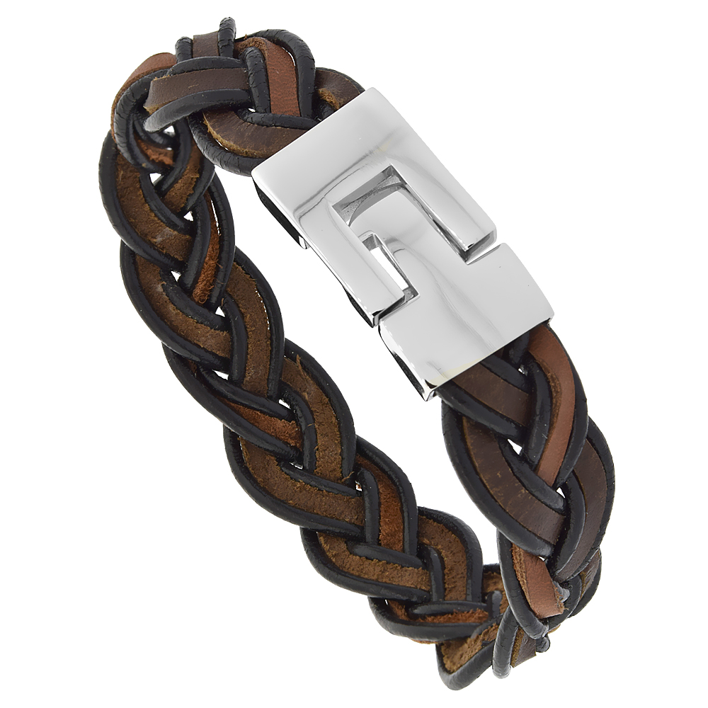 Two-tone Brown Leather Bracelet Wide Braid for Men Stainless Steel Clasp 18 mm, 8.5 inches long