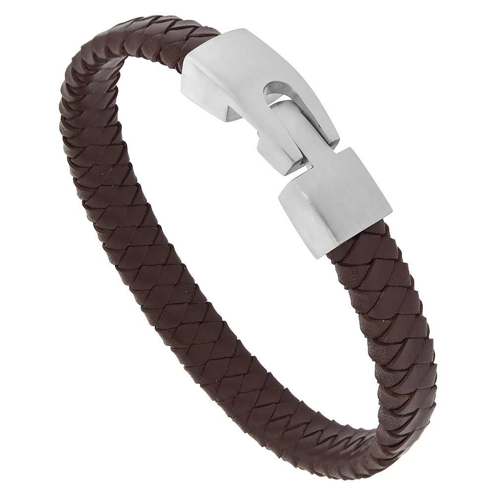 Brown Leather Bracelet Flat Braid for Men Stainless Steel Clasp 10 mm, 8.5 inches long