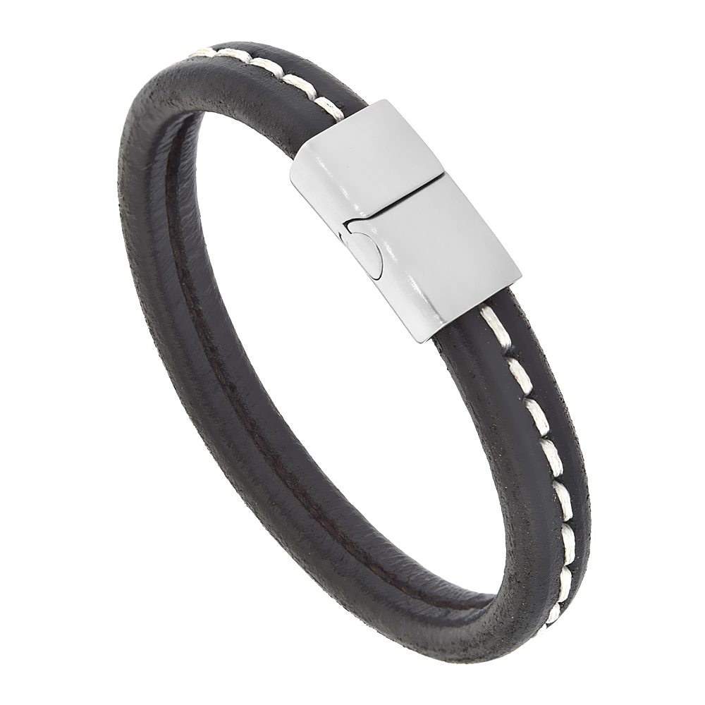 Black Leather Bracelet White Stitch Center Detail for Men Stainless Steel Magnetic Clasp 10 mm, 8.5 inches long