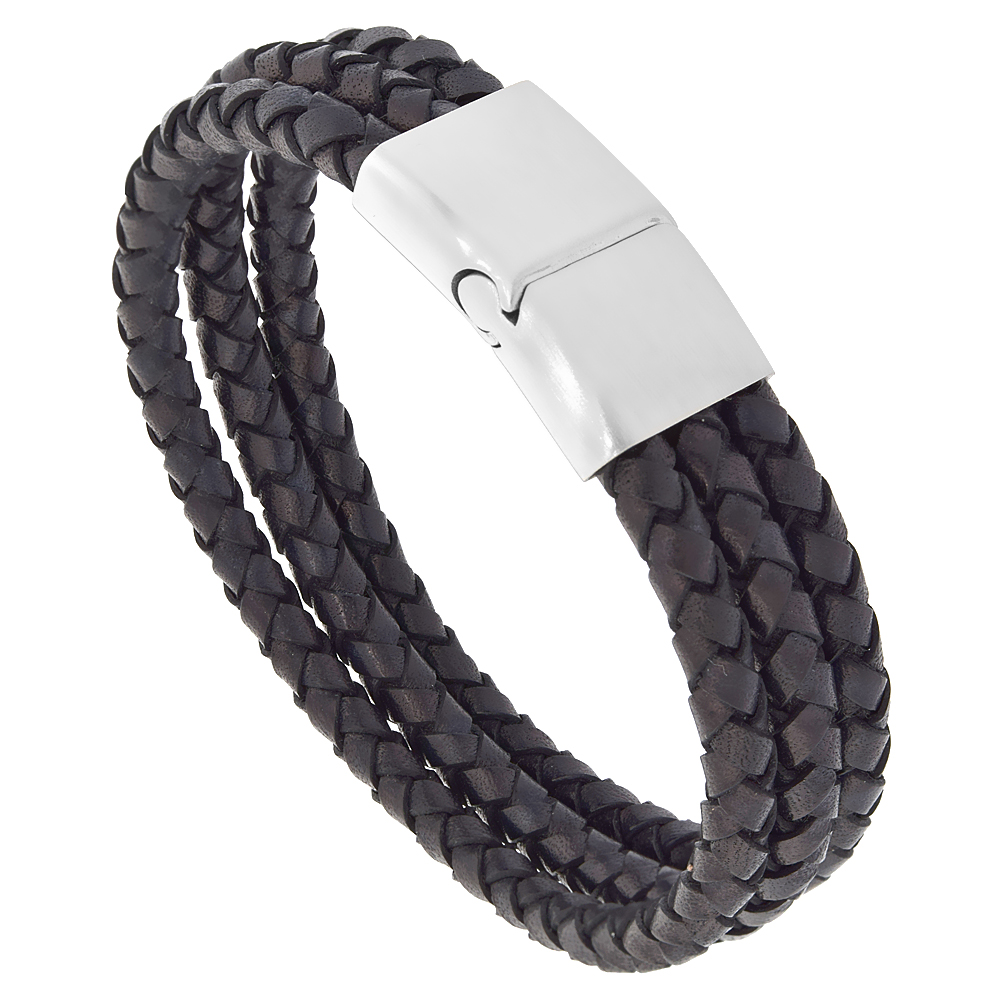 Black Leather Bracelet 3-Strand Braid for Men Stainless Steel Magnetic Clasp 10 mm, 8.5 inches long