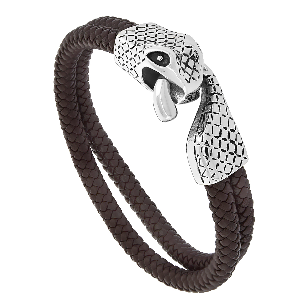 Brown Leather Bracelet 2-Strand Braid Bracelet for Men Stainless Steel Snake Clasp 13 mm, 8.5 inches long