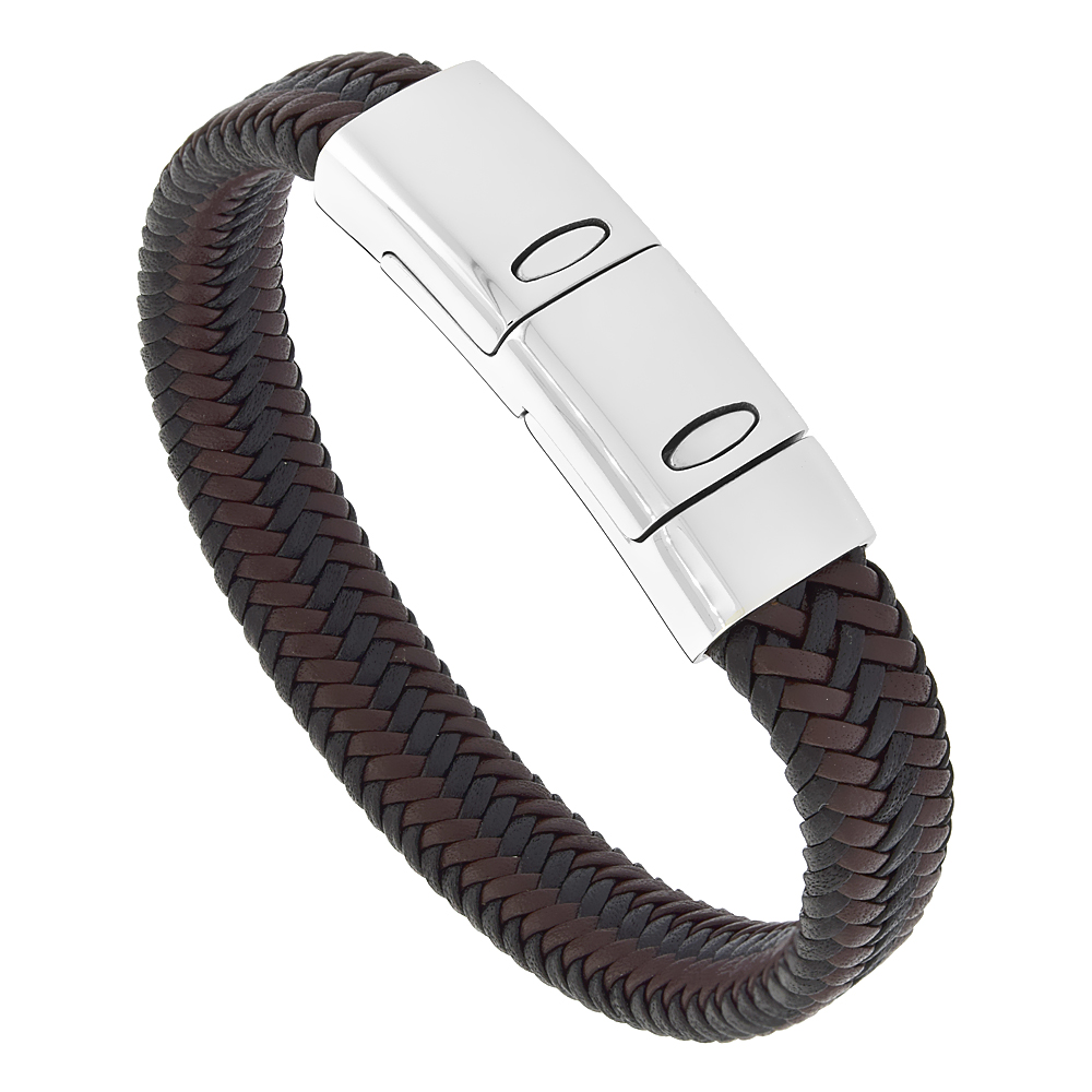 Black &amp; Brown Leather Bracelet Fine Braid for Men Stainless Steel Clasp with Extra Links 13 mm, 8.5 inches long