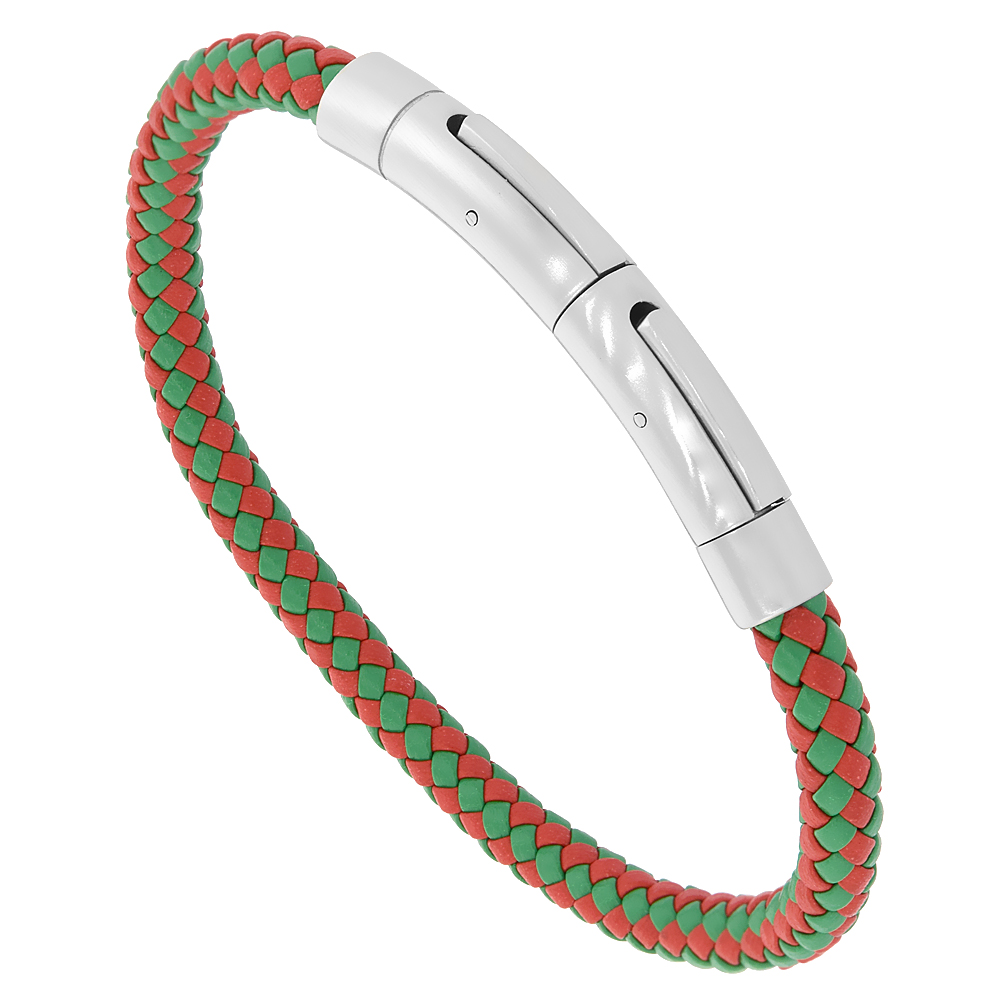 Red &amp; Green Leather Bracelet Fine Braid Stainless Steel Clasp with Extra Links 5 mm, 8 inches long