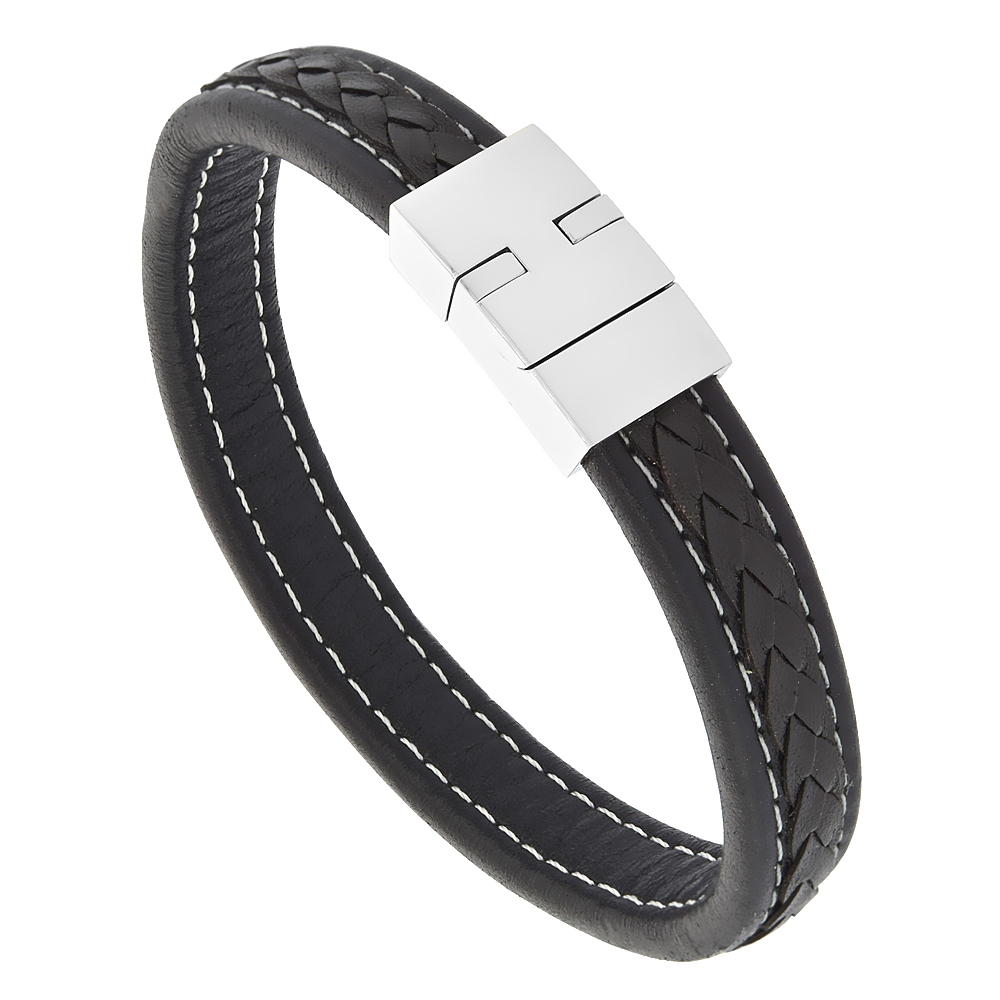 Black Leather Bracelet Braid Center Detail Stainless Steel Magnetic Clasp 12 mm, 8.5 inches long